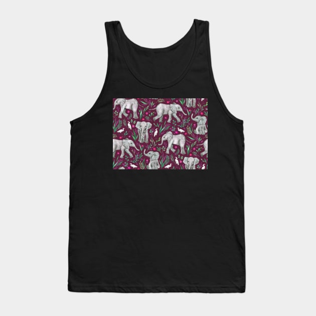 Baby Elephants and Egrets in Watercolor - burgundy red Tank Top by micklyn